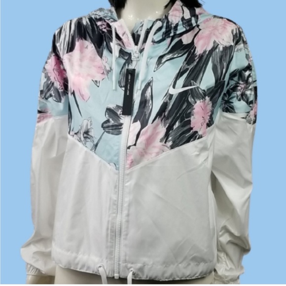 Nike - White/Pink/Blue Nylon Hooded Jacket with Floral Design - Picture 3 of 12